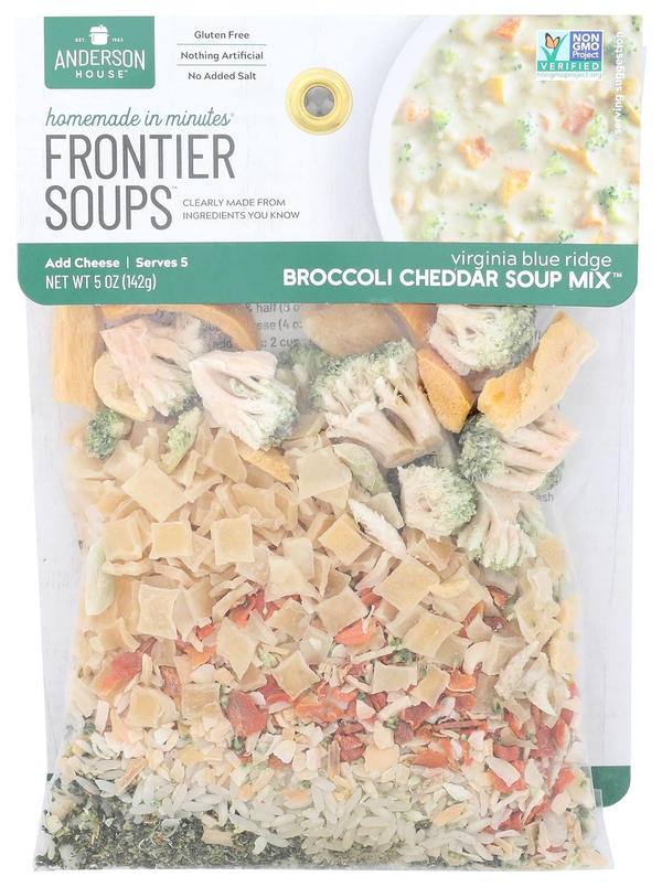 Frontier Soups broccoli cheddar soup mix package, dried vegetables, gluten free