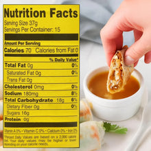 Nutrition facts label for snack with hand dipping spring roll in sauce, low-fat, 70 calories per serving