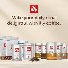 Assorted illy coffee tins, bags, and coffee beans on beige background with promotional text.