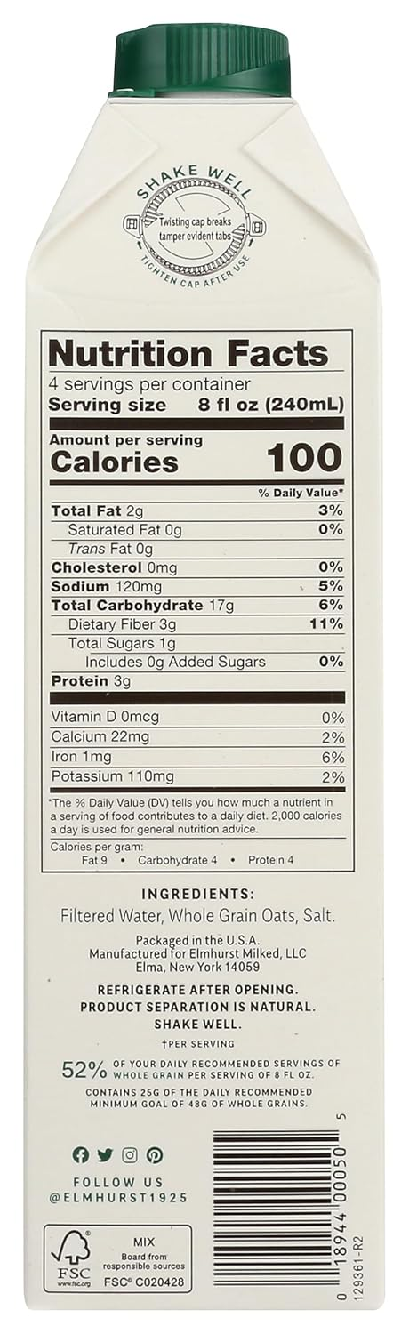 Elmhurst 1925 Unsweetened Milked Oats – 32 oz