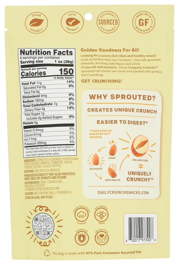 Back of turmeric sea salt sprouted almonds snack package with nutrition facts and ingredient list