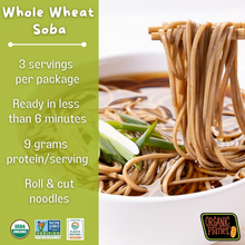 Whole wheat soba noodles in broth with scallions, organic, non-GMO, 3 servings per package.