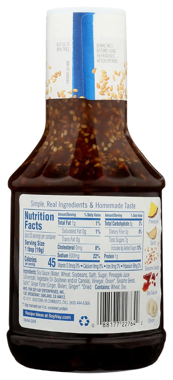 Soy Vay Island Teriyaki Marinade & Sauce, 20 oz back label with nutrition facts and barcode 088177227642