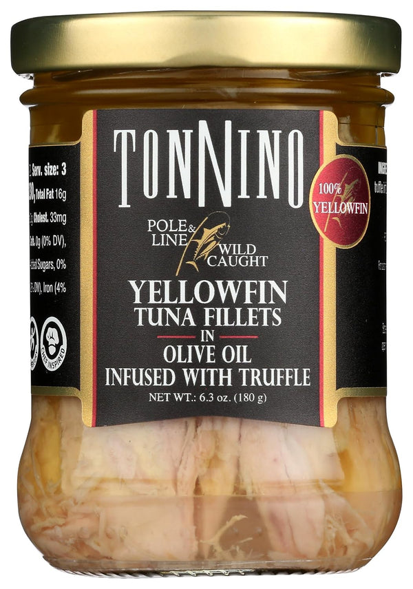 A jar of Tonnino Yellowfin Tuna Fillets in olive oil with truffle, featuring a black label with white text and a gold lid.