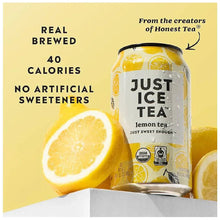 Just Ice Tea Lemon black iced tea can with fresh lemon slices