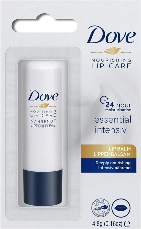 Dove Nourishing Lip Care essential intensiv lip balm in its original retail blister packaging, featuring a white and navy blue tube.