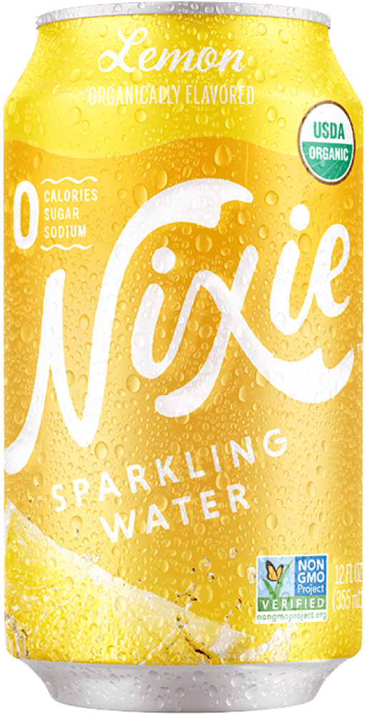 Can of Nixie organic lemon sparkling water with water droplets.