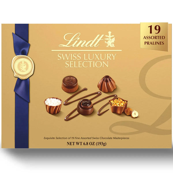 Lindt Swiss Luxury Selection Pralines Gift Box 6.8 oz - gold gift box front