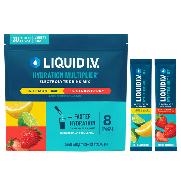 Liquid I.V. Hydration Multiplier 30 sticks - Lemon Lime and Strawberry variety pack front