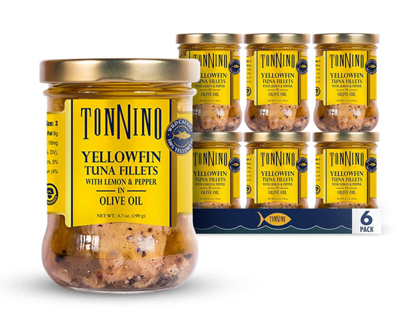 Tonnino Yellowfin Tuna Fillets with Lemon & Pepper in Olive Oil packaging on a white background