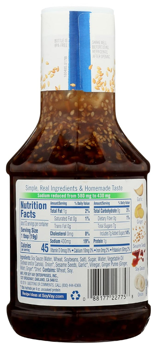 Soy Vay Veri Veri Teriyaki Less Sodium Marinade & Sauce, 21 oz back label with nutrition facts and barcode 088177227758