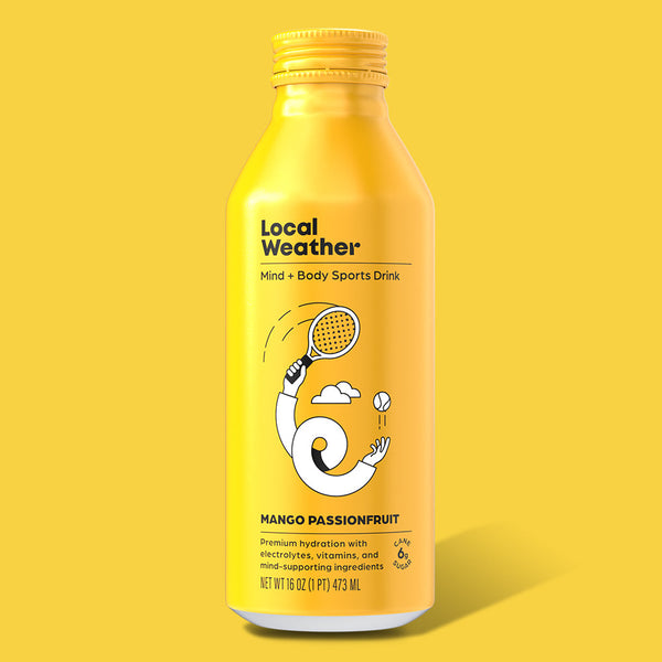 Bottle of Local Weather Mango Passionfruit Mind + Body Sports Drink on a yellow background.