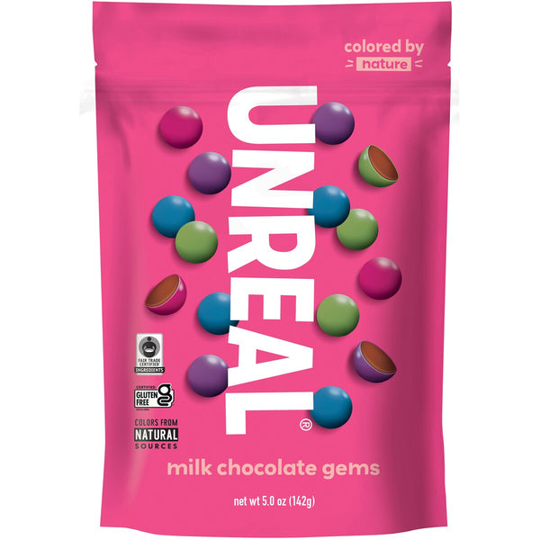 UNREAL Milk Chocolate Gems 5 oz - front of bag candy coated chocolate