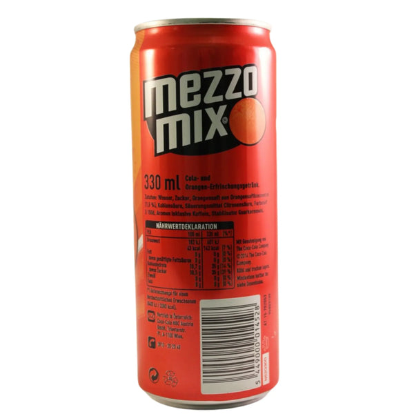 Mezzo Mix 330ml cola orange soda can, imported refreshment drink with nutrition facts and barcode
