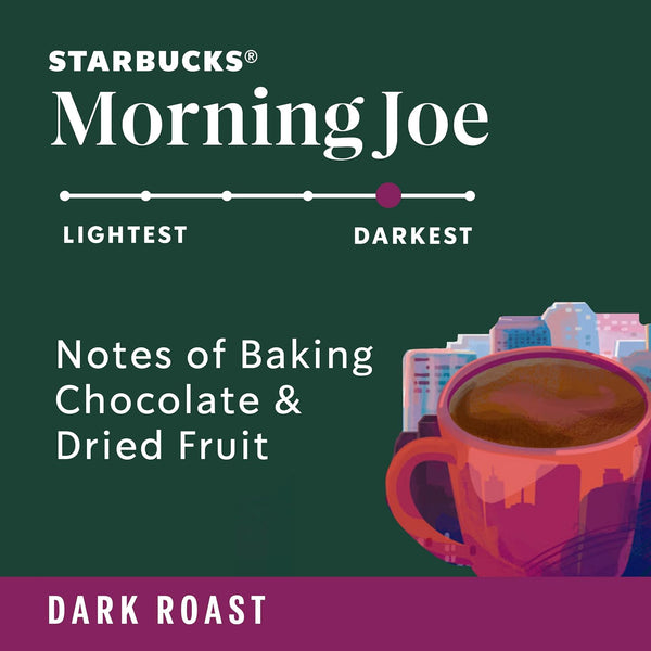 Starbucks Morning Joe coffee packaging with a cityscape and coffee cup illustration on a green and purple background.