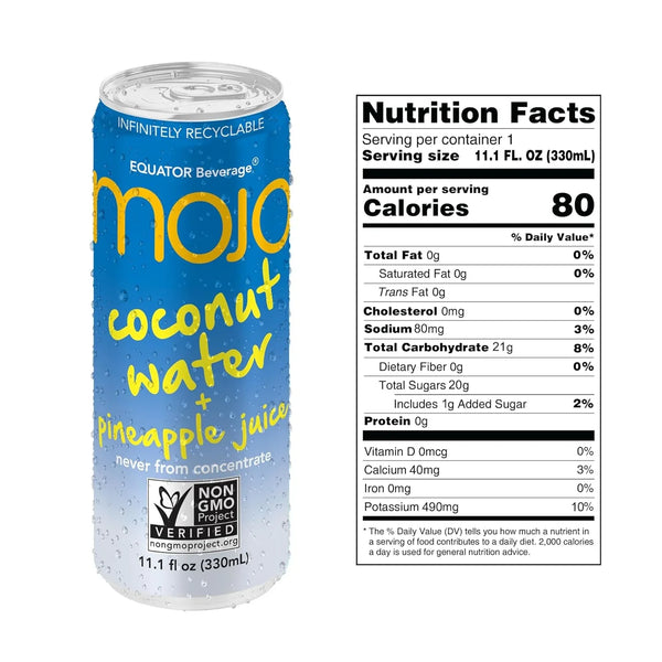 Mojo coconut water and pineapple juice can with nutrition facts, non-GMO, 11.1 fl oz.