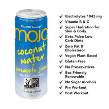 Mojo coconut water and pineapple juice can with health benefit highlights, vegan, gluten-free drink