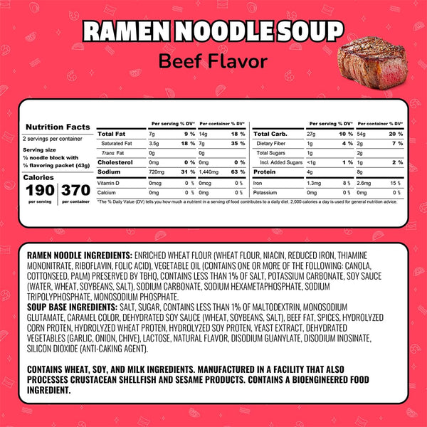 Nutrition facts and ingredients label for Beef Flavor Ramen Noodle Soup.