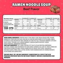Nutrition facts and ingredients label for Beef Flavor Ramen Noodle Soup.