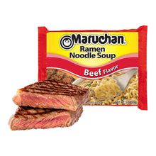 Maruchan Beef Flavor Ramen Noodle Soup package with grilled steak slices in front.