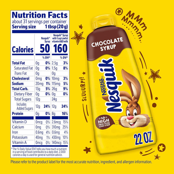 Nesquik Chocolate Syrup bottle with nutrition facts panel on a bright yellow background.