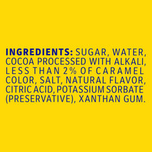 Ingredients list on a yellow background: sugar, water, cocoa, and other additives.