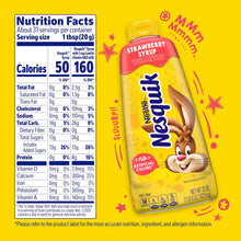 Nestle Nesquik Strawberry Syrup bottle with nutrition facts on a yellow background.