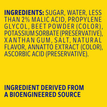 Ingredient list on a yellow background including sugar, water, and bioengineered source notice.