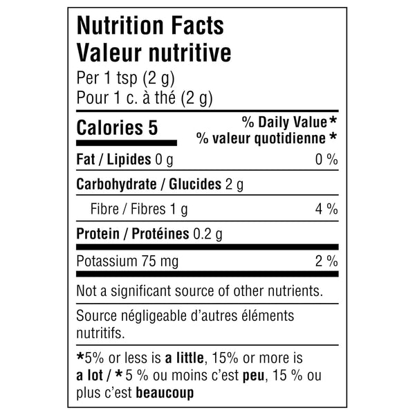 Nutrition facts label showing calories, fat, carbohydrate, fiber, protein, potassium per serving