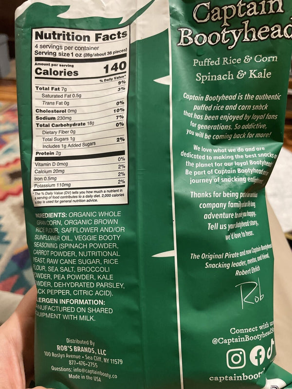 Captain Bootyhead Spinach & Kale Puffed Rice & Corn nutrition facts and ingredients