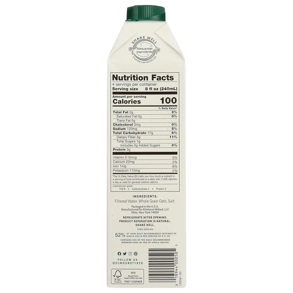 Oat milk carton back label showing nutrition facts, ingredients, and shake well instructions for plant-based beverage