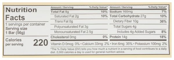 Nutrition Facts label showing 220 calories, 14g protein, and 10g dietary fiber per bar.