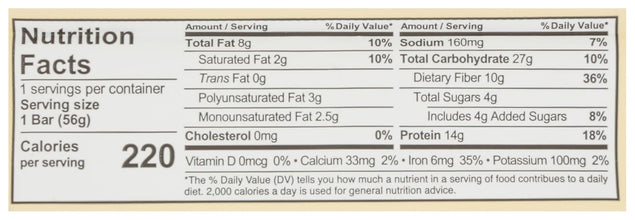 A Nutrition Facts label for a single-serving container, showing nutritional information including total fat, saturated fat, trans fat, sodium, dietary fiber, sugars, protein, and calories per serving.