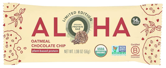 A packaged protein bar wrapper for the Aloha Limited Edition Oatmeal Chocolate Chip flavor. The wrapper is cream-colored with bold red lettering, decorative chocolate chip illustrations on the sides, and certification logos including USDA Organic and Non-GMO Verified.