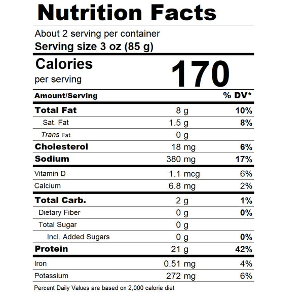 Nutrition facts label for a food product with serving size, calories, and various nutrients listed.