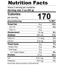 Nutrition facts label for a food product with serving size, calories, and various nutrients listed.