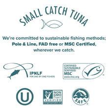 Small Catch Tuna branding with sustainability commitments and certification logos on a white background