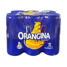 Pack of Orangina orange soft drink cans, 6x330ml, blue packaging with fruit graphics