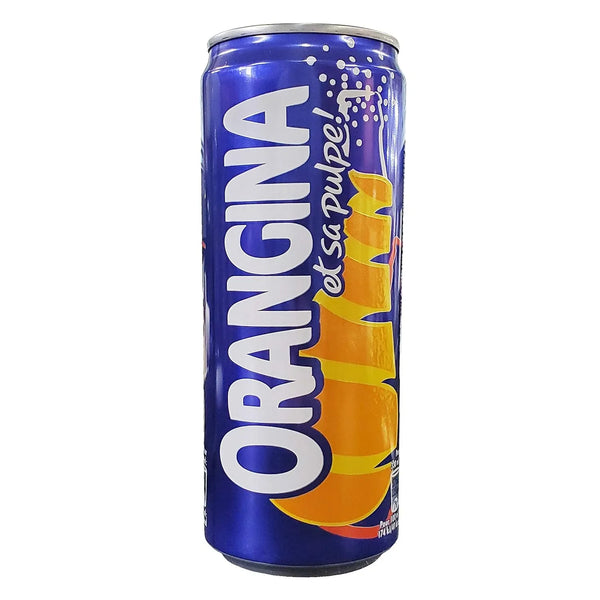 Orangina orange soda can with fruit graphics, fizzy drink, grocery beverage product