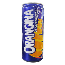 Orangina orange soda can with fruit graphics, fizzy drink, grocery beverage product