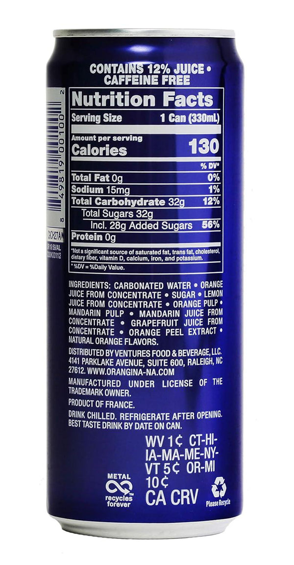 Back of a sparkling citrus juice drink can showing nutrition facts and ingredients list.