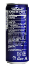 Back of a sparkling citrus juice drink can showing nutrition facts and ingredients list.