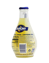Orangina sparkling citrus juice beverage in clear glass bottle with blue cap