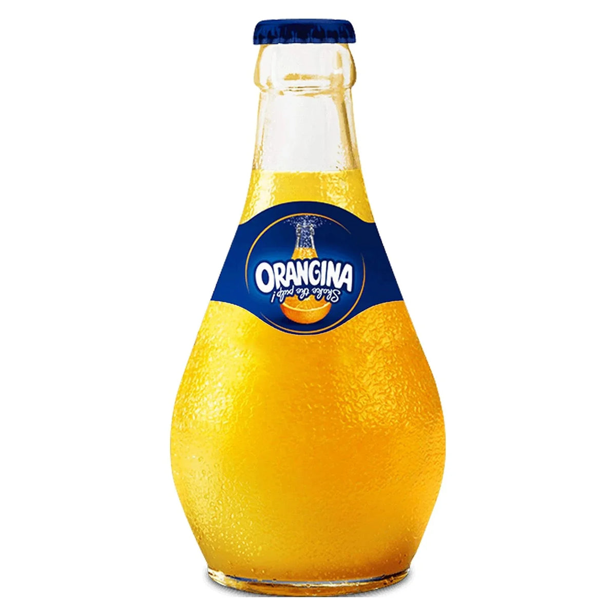 Chilled Orangina orange soda in glass bottle with blue cap, condensation droplets, imported refreshment