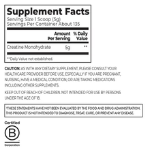 Supplement Facts label for Creatine Monohydrate showing 5g per serving and B Corp certification.