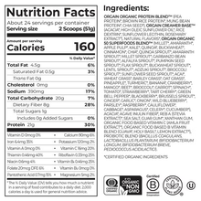 Nutrition Facts label and organic ingredients list for a plant-based protein powder.