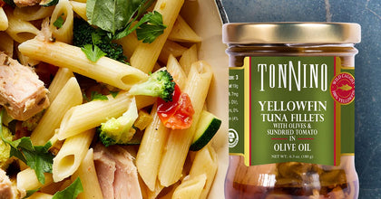 A jar of TonNino Yellowfin Tuna Fillets in olive oil shown next to a close-up of a pasta salad containing the tuna fillets, broccoli, zucchini, and tomatoes.