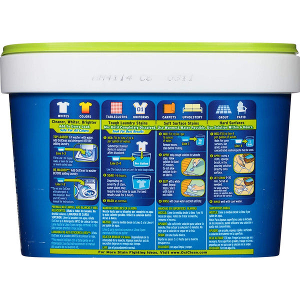 Back of OxiClean laundry detergent tub showing detailed cleaning and stain removal instructions.