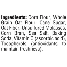 List of ingredients including corn flour, oat flour, cane sugar, and molasses.