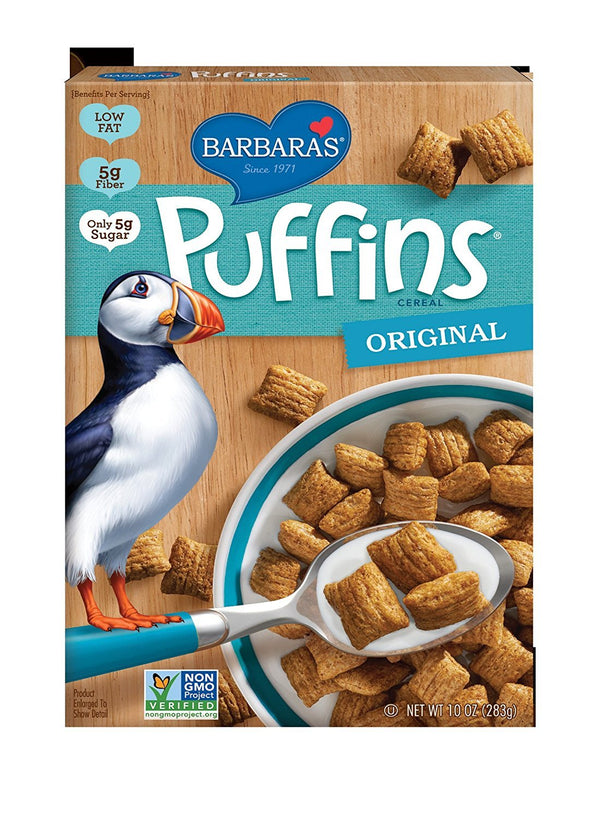 Box of Barbaras Puffins Original Cereal with a bowl of cereal and a puffin illustration